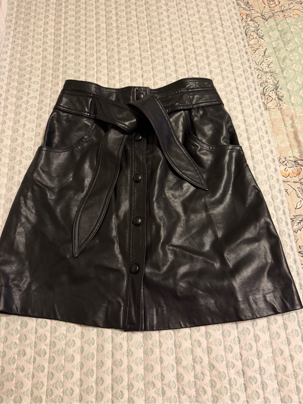 Black Faux Leather Button-Front A-Line Skirt with Tie Belt